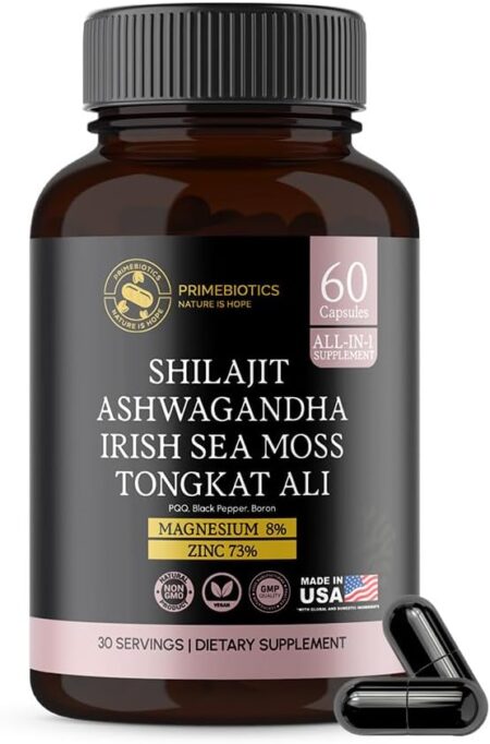Shilajit for Men — 100x Strength 1350 mg High-Potency Capsules — with Ashwagandha, Sea Moss, Tongkat Ali, Black Pepper, Boron, Magnesium & Zinc — 60 Count — Peak Performance for Men