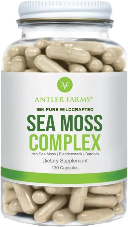 Antler Farms – 100% Pure Sea Moss Complex, 130 Capsules, Wildcrafted Irish Sea Moss, Bladderwrack, and Burdock Root – A Potent Blend for Wellness, Vegan-Friendly, Gluten, Soy, and Dairy Free