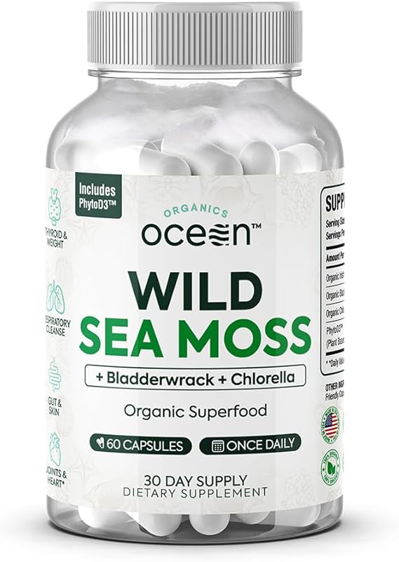 Organics Ocean Wild Sea Moss Capsules - 100% Organic Irish Sea Moss with Organic Chlorella, Bladderwrack and Vitamin D for Energy, Lung Health and Thyroid Support for Women and Men - 60 Capsules