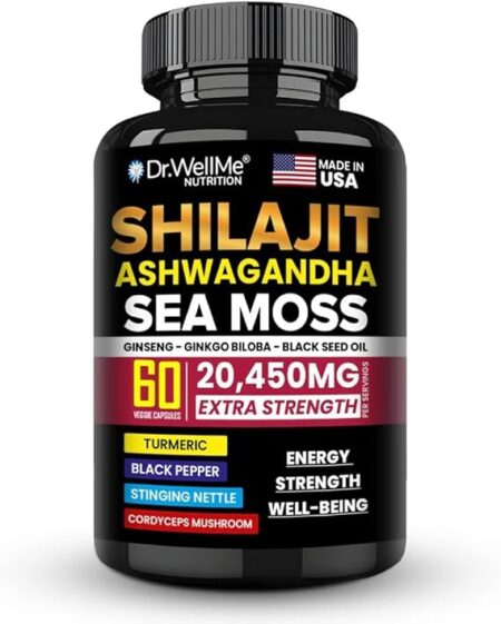 Dr.WellMe Shilajit Ashwagandha Sea Moss with Ginseng, Ginkgo Biloba & Black Seed Oil - 60 Veggie Capsules, Extra Strength 20,450mg - Anti-Aging, Stamina, Skin Radiance & Performance - Made in USA