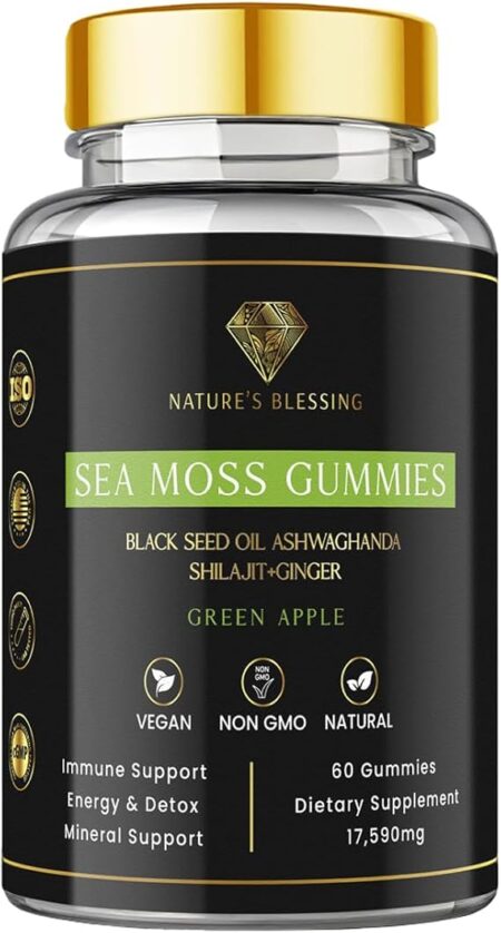 Sea Moss Gummies with Shilajit, Ashwagandha, Black Seed & Bladderwrack – 17,590mg Total Blend – Vegan, Non-GMO, Natural Wellness Supplement