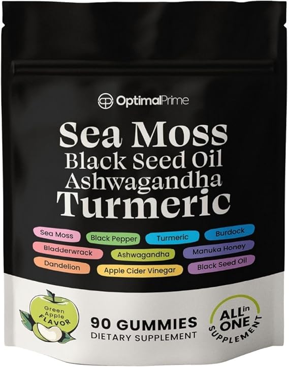 Optimal Prime Sea Moss and Black Seed Oil Gummies, Ashwagandha, Turmeric, Manuka Honey, ACV, Dandelion, Black Pepper, Burdock, Bladderwrack, Vegan, 90 Gummies 45 Day Supply