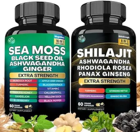 Sea Moss and Shilajit Bundle, Sea Moss 7000mg, Black Seed Oil 4000mg, Ashwagandha 2000mg, Ginger & Shilajit 9000mg, Rhodiola Rosea 1000mg, Panax Ginseng (120 Count)