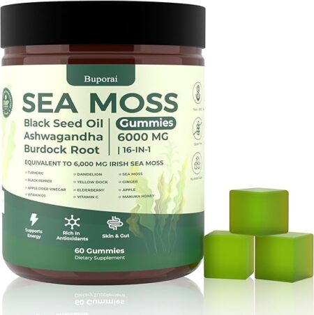 Sea Moss Gummies 16-1, Black Seed Oil Ashwagandha Turmeric Bladder Wrack Vitamin C Vitamin D3 Elderberry Manuka Dandelion Yellow Dock Apple Cider Vinegar for Men & Women