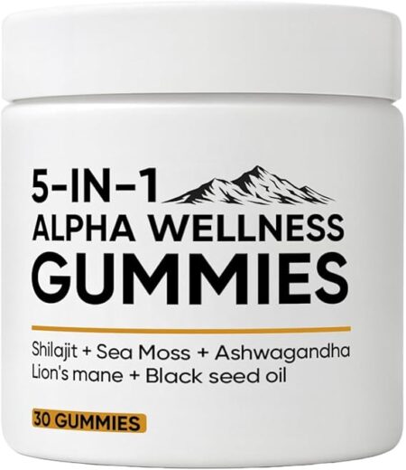 5 in 1 Alpha Wellness Gummies, Shilajit Gummies for Men, with Shilajit | Ashwagandha | Sea Moss | Lion's Mane | Black Seed Oil, 85+ Trace Minerals