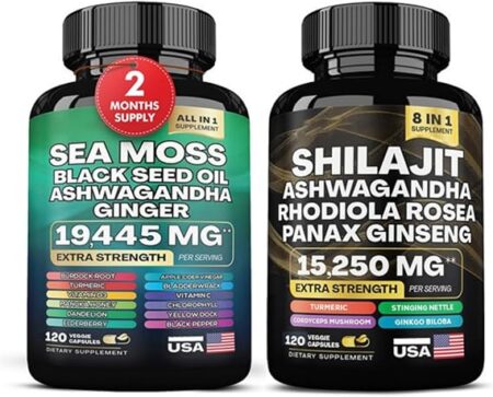 Sea Moss + Shilajit Bundle (2 Pack) – 120 Capsules Eac Sea Moss 7000mg Black Seed Oil 4000mg Ashwagandha 2000mg Ginger & Shilajit 9000mg Rhodiola Rosea 1000mg Panax Ginseng 1500mg
