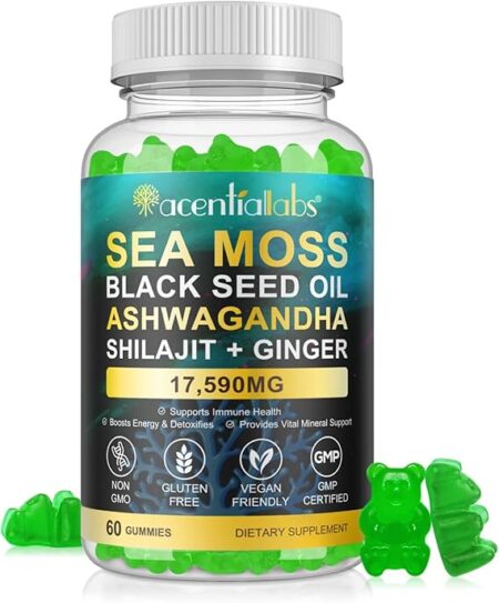 Sea Moss Gummies, Sea Moss 3000mg, Bladderwrack 2000mg, Ashwagandha 800mg, Burdock Root 400mg, Energy, Immune Support, 60 Vegan Gummies