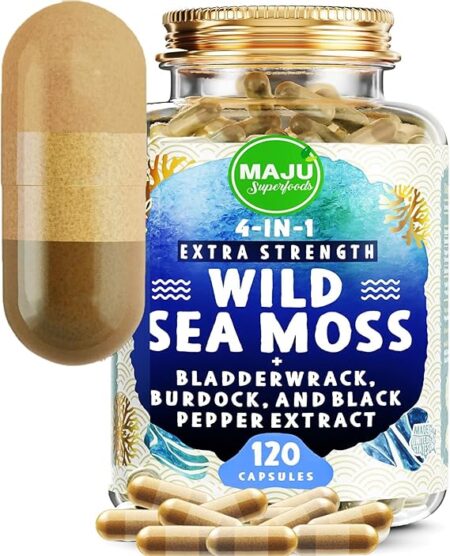 MAJU Wild Irish Sea Moss Capsules (120ct), Stronger Than Gel, 4-in-1 w/Bladderwrack + Burdock Root, Organic, Sebi Inspired, Raw, Seamoss Pills Powder, Wild, 1 Bottle