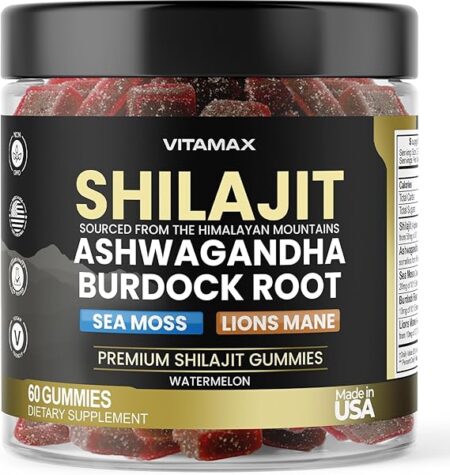 Organic Shilajit Gummies, Sea Moss, Ashwagandha, 105+ Trace Minerals – Organic Burdock Root & Lions Mane Mushroom – Watermelon Flavor - Vegan & Non-GMO – Made in USA – 60ct