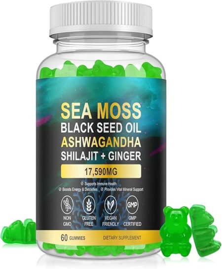 Sea Moss Gummies, SeaMoss Gummy with Black Seed Oil,Ashwagandha,Natural Ingredients Shilajit & Ginger for Men & Women, 17,590mg-60 Gummies