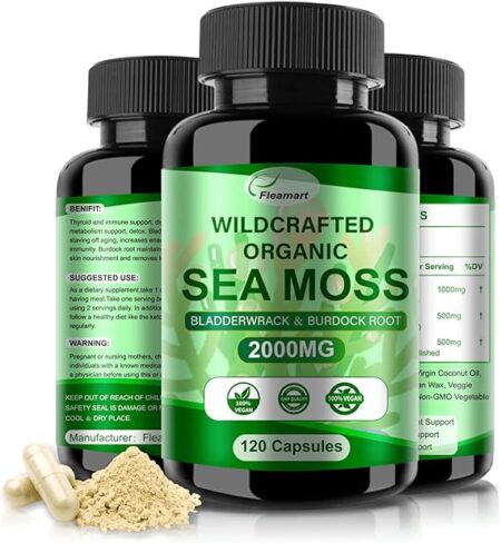 Irish Sea Moss Capsules 120ct Raw Sea Moss Wildcrafted Bladderwrack Burdock Root Capsules Super Food Immune System Digestive Health Sea Moss Pills