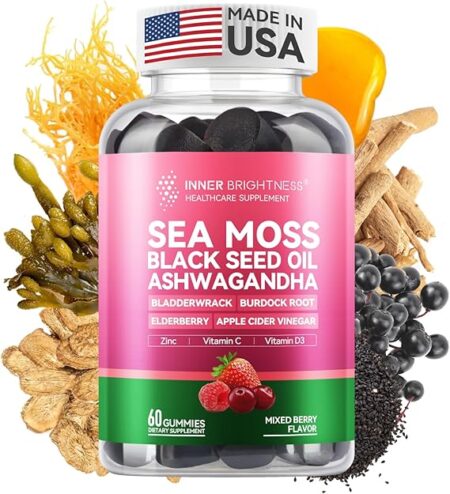 Sea Moss 4000mg Gummies with Ashwagandha, Elderberry, Apple Cider Vinegar, Bladderwrack, Burdock Root – Immune Support – Mixed Berry Flavor – 60 Count