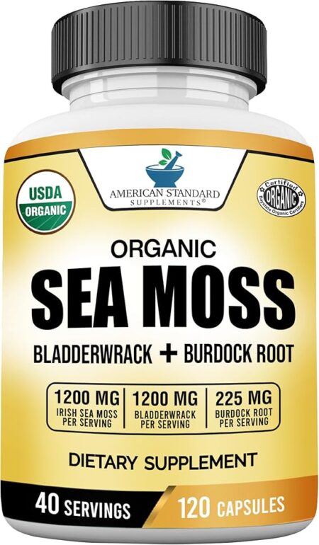 American Standard Supplements Organic Sea Moss, Bladderwrack & Burdock Root Capsules - 1200mg Sea Moss, 1200mg Bladderwrack, 225mg Burdock Root Per Serving - 120 Capsules, 40 Servings