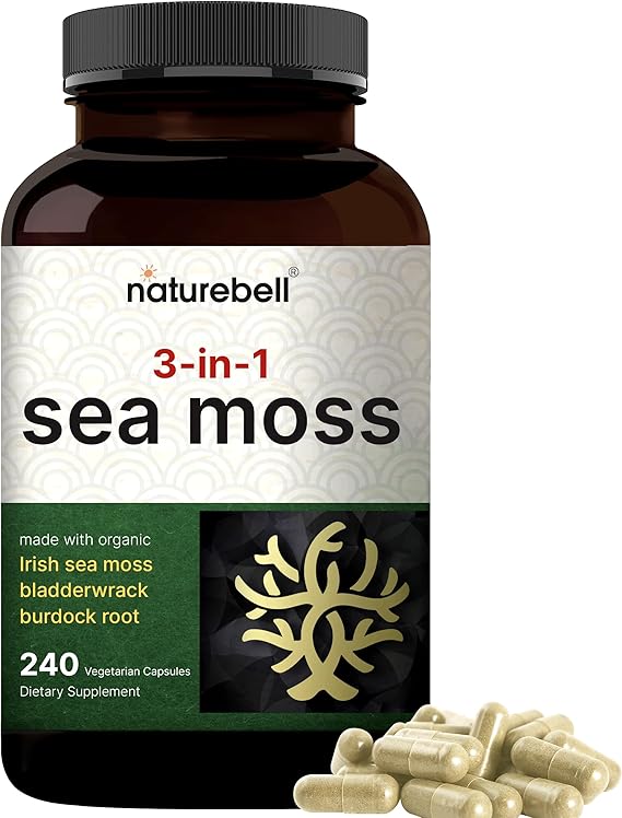 Irish Sea Moss Capsules, 3,000mg Per Serving, 240 Veggie Pills | Made with Organic Raw Powder, Plus Bladderwrack & Burdock Root, Sea Vegetable Complex – Immune & Thyroid Superfood Support – Non-GMO