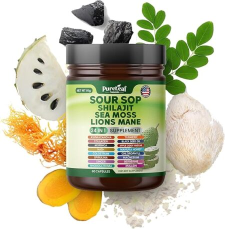 Soursop Shilajit, Sea Moss, and Lions Mane - 24-in-1 Supplement with Ashwagandha, Black Seed Oil, Rhodiola Rosea, Ginger, Collagen, Turmeric - Made in USA - 60 Capsules
