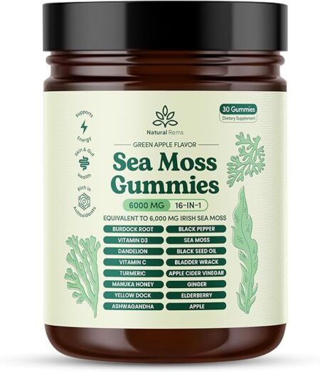 Natural Rems Sea Moss Gummies 16-in-1 - Ashwagandha Black Seed Oil Bladder Wrack Turmeric Vitamin C & D3 with Manuka Burdock Root Dandelion Yellow Dock Elderberry Apple Cider Vinegar (Green Apple)