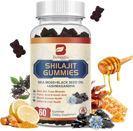 Shilajit Gummies for Men & Women | Ashwagandha, Irish Sea Moss, Black Seed Oil, Panax Ginseng, Turmeric, Elderberry, Honey | 75% Fulvic Acid Minerals for Energy Boost & Immune Support | 60