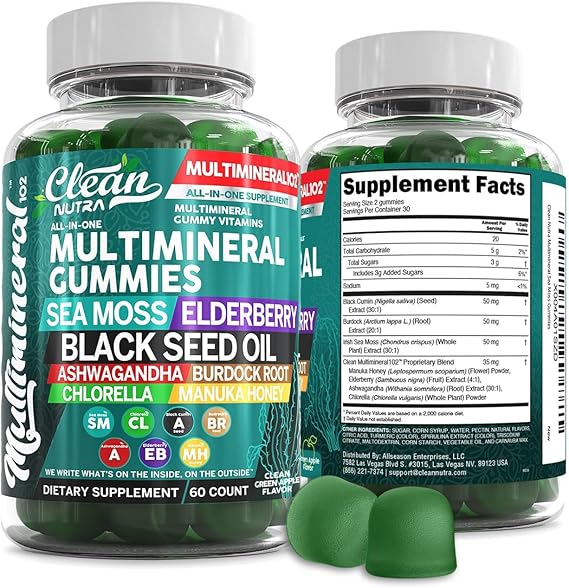 Sea Moss Gummies | Clinically Tested - Black Seed Oil Ashwagandha Elderberry Burdock Root Chlorella Manuka Honey - Vegan Irish Sea Moss Gummy Vitamins for Adults Kids Men Women - Green Apple Flavor