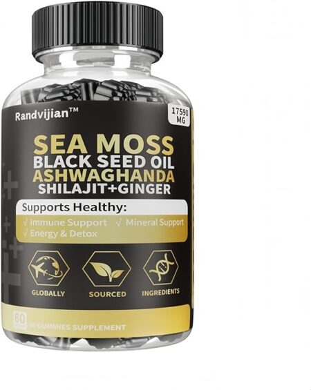 Sea Moss Complex with Black Seed Oil, Ashwaghanda, Shilajit and Ginger, 60 Gummies, 17590mg, Immune & Energy Support