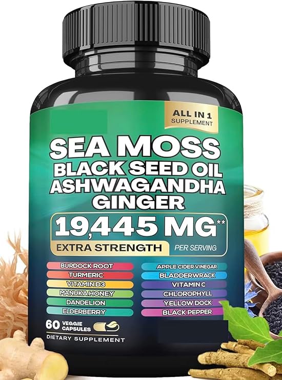 22-in-1 Sea Moss Herbal Supplement with Himalayan Shilajit, Ashwagandha, Rhodiola Rosea, Ginseng, 19445mg, Veggie Capsules (60 Capsules, Sea Moss)