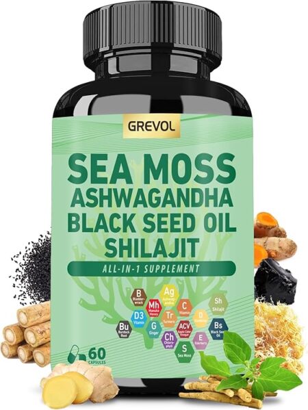 Sea Moss Ashwagandha Shilajit Black Seed Oil, Sea Moss Capsules with Burdock Turmeric Vitamins C & D3 Elderberry Ginger ACV Manuka Dandelion - 60 Count