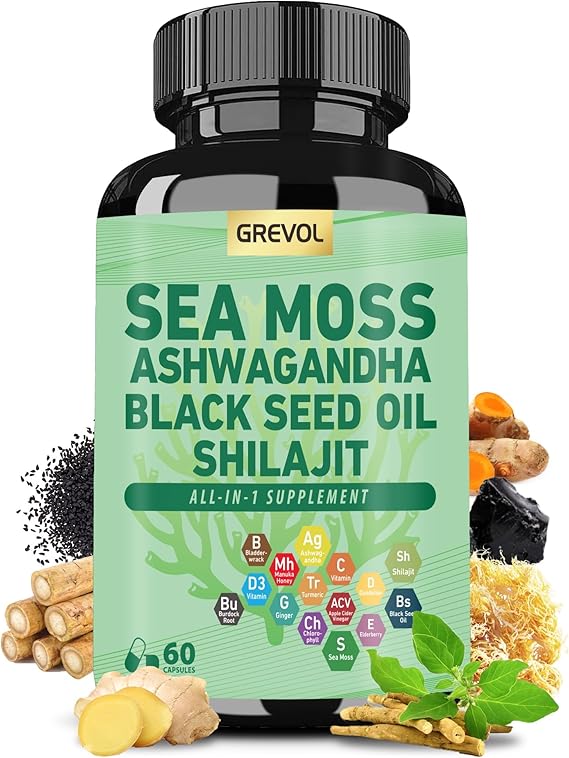 Sea Moss Ashwagandha Shilajit Black Seed Oil, Sea Moss Capsules with Burdock Turmeric Vitamins C & D3 Elderberry Ginger ACV Manuka Dandelion - 60 Count