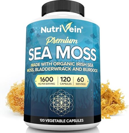 Nutrivein Organic Sea Moss 1600mg Plus Bladderwrack & Burdock - 120 Caps for Adults - Prebiotic Super-Food - Immune System & Digestive Health - Thyroid, Skin, Keto Detox, Gut, Joint Support