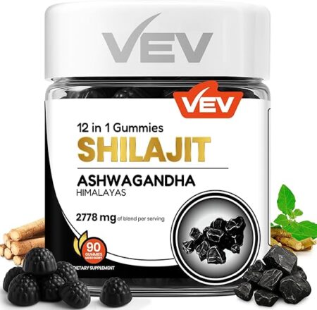 VEV Shilajit Gummies for Men & Women | 1000mg Shilajit & Ashwagandha Gummies with Sea Moss & L-Theanine for Energy, Vitality & Stress Balance | Vegan, No Added Sugar | 90 Count for Daily Wellness