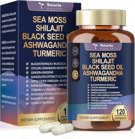 25-in-1 Sea Moss Black Seed Oil Ashwagandha Ginger Shilajit Supplement, Sea Moss Capsules Pro with Bladder Burdock Ceylon Cinnamon Berberine ACV Manuka VIT C & D3 for Men Women, 120 Vegan Caps