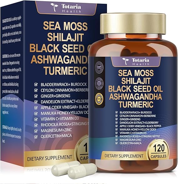 25-in-1 Sea Moss Black Seed Oil Ashwagandha Ginger Shilajit Supplement, Sea Moss Capsules Pro with Bladder Burdock Ceylon Cinnamon Berberine ACV Manuka VIT C & D3 for Men Women, 120 Vegan Caps