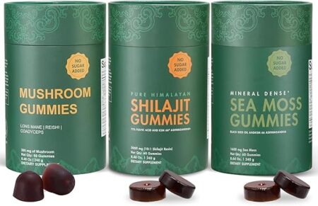 Bundle of Pure Himalayan Shilajit, Sea Moss & Mushroom Gummies with Lions Mane, Reishi, Cordyceps, Ashwagandha, 75%+ Fulvic Acid, 92+ Minerals All in 1 Supplements (1 Pack)