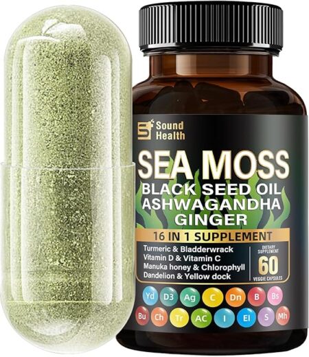 SoundHealth Irish Sea Moss Capsules, 8000mg Sea Moss Blended with 4000mg Black Seed, Synergized with 2000mg Ashwagandha, Turmeric, Burdock, and Supplemented with Vitamin C and Vitamin D3, 60 Capsules