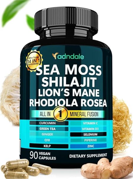 Adndale Sea Moss Capsules with Lion's Mane, Rhodiola Rosea, Shilajit for Women and Men - 90 Count
