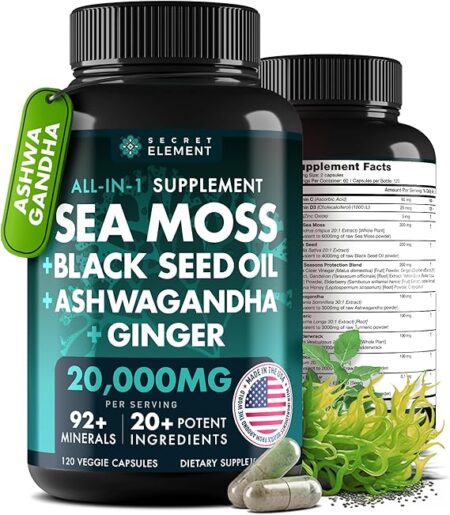 Irish Sea Moss Black Seed Oil Ashwagandha Ginger, 20,000mg Capsules, Seamoss Black Seed Oil Ashwagandha Burdock Root, All in One Supplement, 120 Capsules