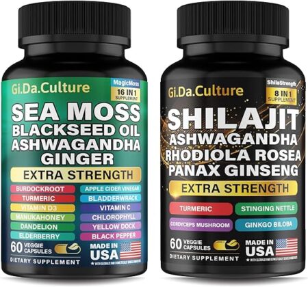 Shilajit and Sea Moss Combo - Sea Moss and Shilajit Bundle with Ashwagandha, Black Seed, Turmeric, Bladderwrack, Burdock, Black Pepper with Vitamins and Antioxidants - 120 Veggie Capsules