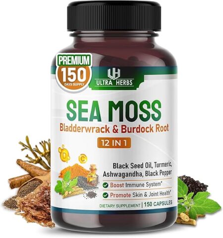 Organic Sea Moss Capsules with Black Seed Oil, Ashwagandha, Burdock Root, Bladderwrack for Immune System, Gut, Skin & Energy *USA Made & Tested* (150 Count (Pack of 1))