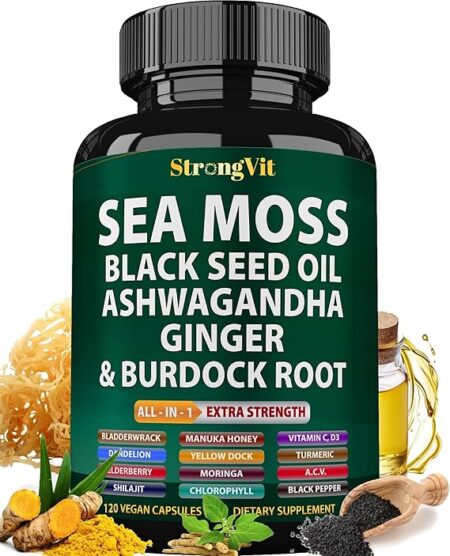 Sea Moss Black Seed Oil Ashwagandha Ginger, Organic Sea Moss Capsules with Burdock Root, Irish Seamoss Pills with Bladderwrack, Turmeric, Shilajit, Multimineral Supplement, USA (120 Capsules)