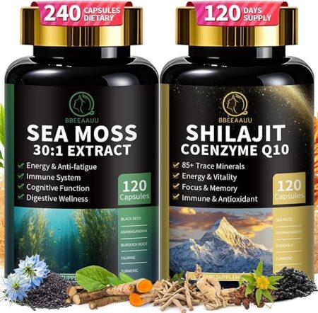 Shilajit for Men, Sea Moss and Shilajit Bundle, All in 1 Supplements with Coenzyme Q10, Black Seed, Ashwagandha, Taurine, Burdock for Energy, Endurance, Antioxidant & Immune Support, 240 Capsules