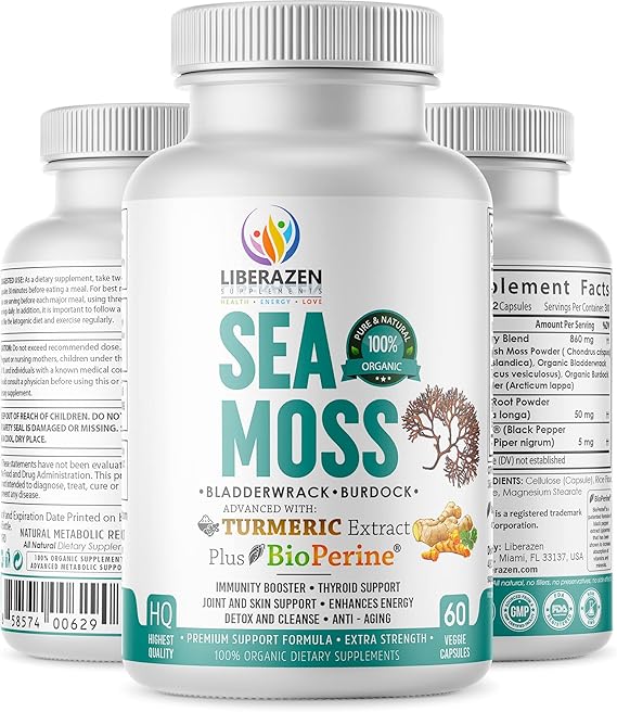 Organic Irish Sea Moss Pills - Wildcrafted Dr Sebi Inspired Seamoss Blend with Turmeric, Burdock Root & Bladderwrack, Enhanced with Black Pepper - 60 Capsules