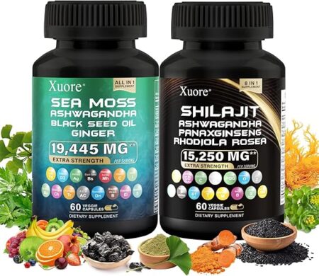 The Bundle of Shilajit and Sea Moss, Sea Moss, Black Seed Oil, Ashwagandha, Ginger, Shilajit, Rhodiola Rosea, Panax Ginseng,120 Capsules All in One Supplement,(1 Package).