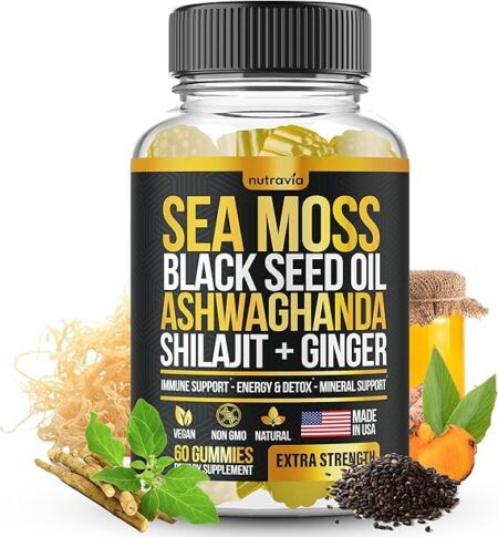 Sea Moss, Black Seed Oil, Ashwagandha, Ginger, Shilajit Gummies with Elderberry, Chlorophyll, Turmeric Bladderwrack Sea Moss Gummies Advanced Strength Formula - All in 1 Bundle - USA Made (60 Gummies)