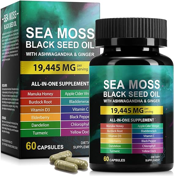 Sea Moss and Black Seed Oil Herbal Capsules with Ashwagandha, Ginger, Turmeric, Burdock Root - Contains Bladderwrack, Vitamin C, Vitamin D3-60 Count Plant-Based Supplement